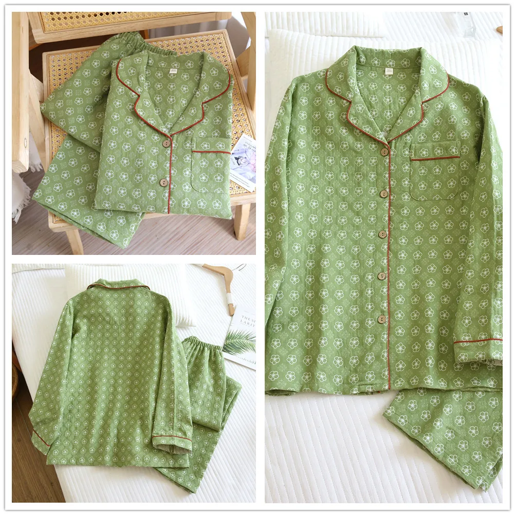 Japanese Spring And Autumn Green Pajama Set Cotton Women's Long Sleeve Shirt Pants Two Piece Homewear