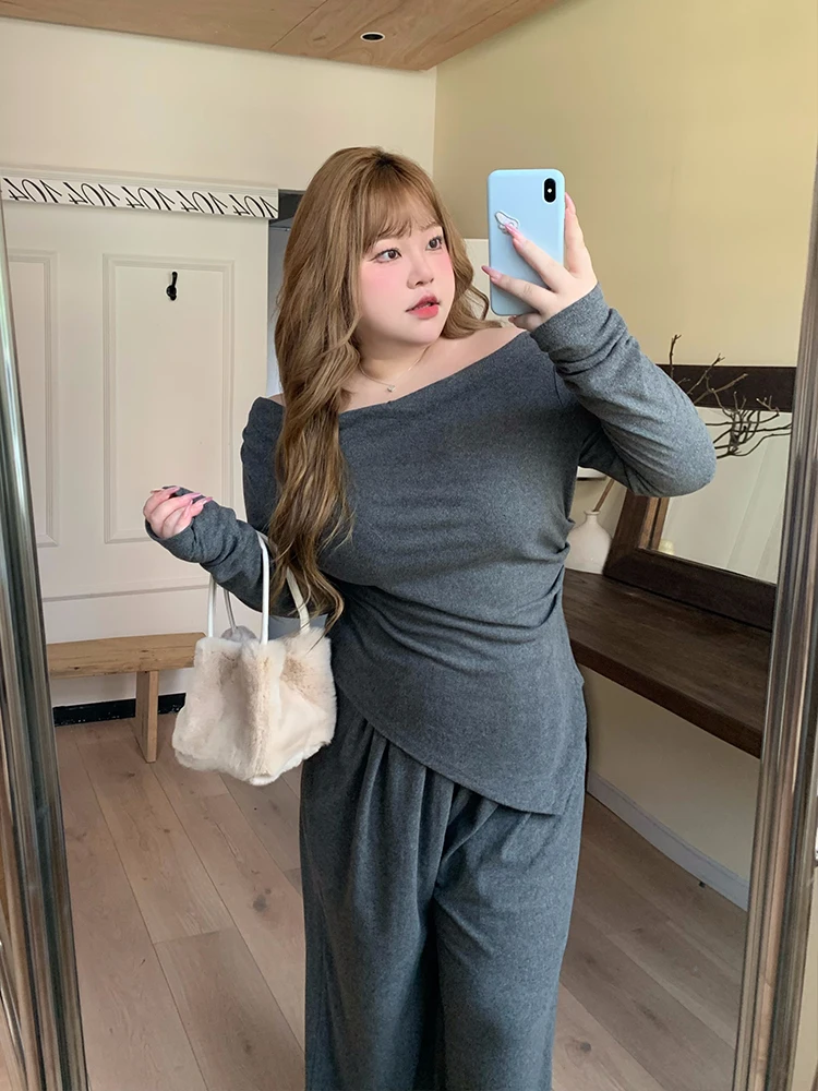 

Dese Commute Set oulder Baring Long Sve Versatile f Skirt Wide Leg Floor Length Pants Soft Candy Color Autumn Collection