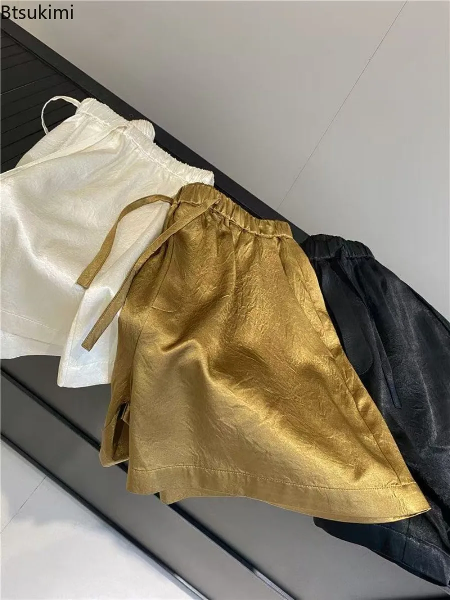 جديد الصيف المرأة الصلبة الساتان السراويل غير رسمية الرجعية الحرير الجليد الملمس مرونة الخصر فضفاض السراويل موضة تنوعا النساء السراويل الساخنة