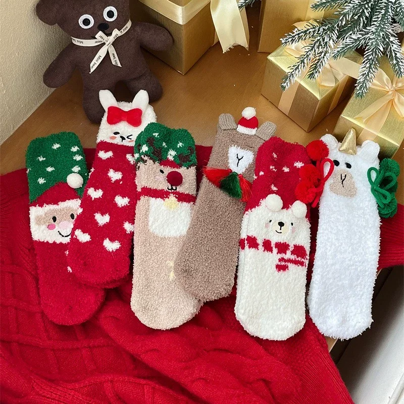 

Набор из 6 пар женских носков, новые рождественские милые мультяшные кавайные красочные носки-тапочки, утолщенные теплые удобные носки из кораллового флиса