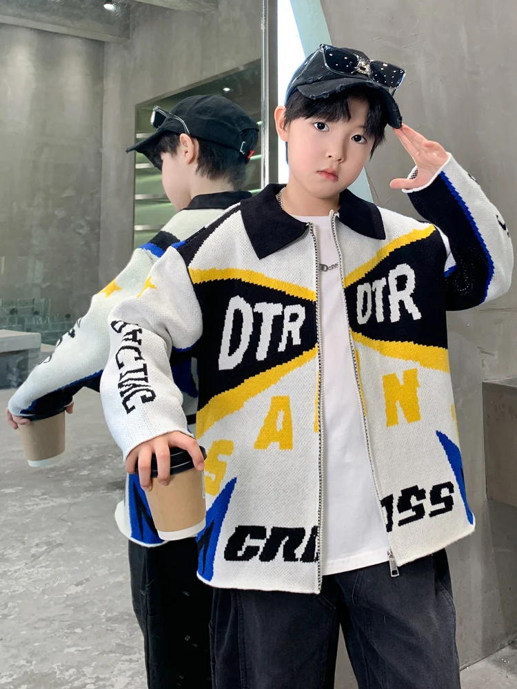 

Boys' Autumn Faion Knitted Cardigan Sweater Spring Summer Winter Sle Big Kids Boy Outerwear Trendy Stand Fit Long S...