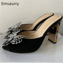 Vivid Diamond Butterfly-Flower Sandals Women Luxury Suede Slingbacks 10cm Jeweled Rhinestone High Heel Summer Mules