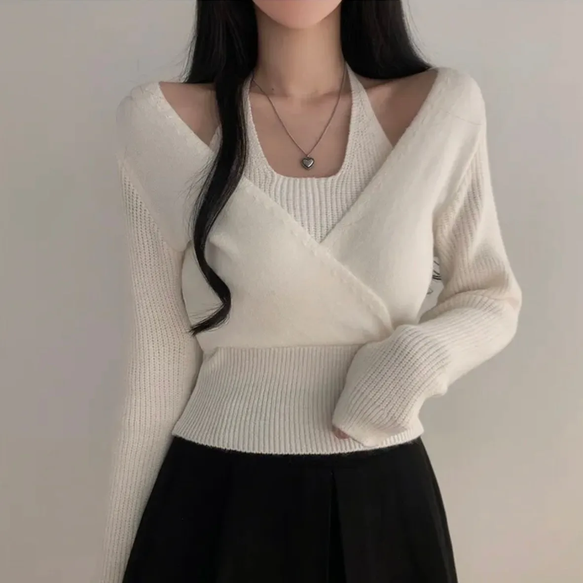 여성용 시크 디자인 니트 크로스 네 롱 스웨터 슬림 핏 이너웨어 한국 스타일 출퇴근용 슬리브 탑