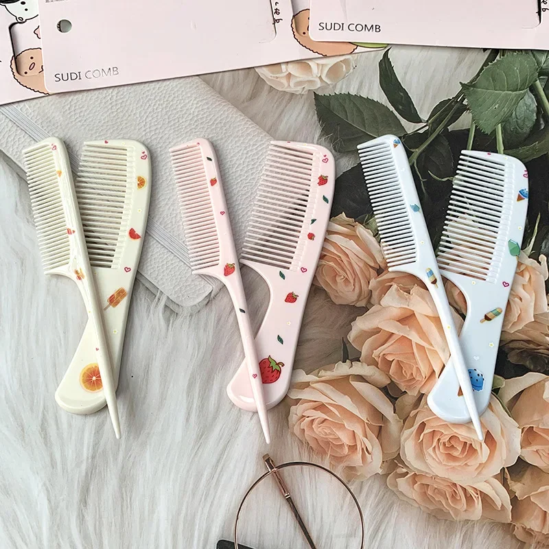 2pcs/set Cute Kids Hairdressing Supplies Comb Anti-static Pointed Tail Hair Brush for Girls Cartoon Strawberry Fruit Hairbrush