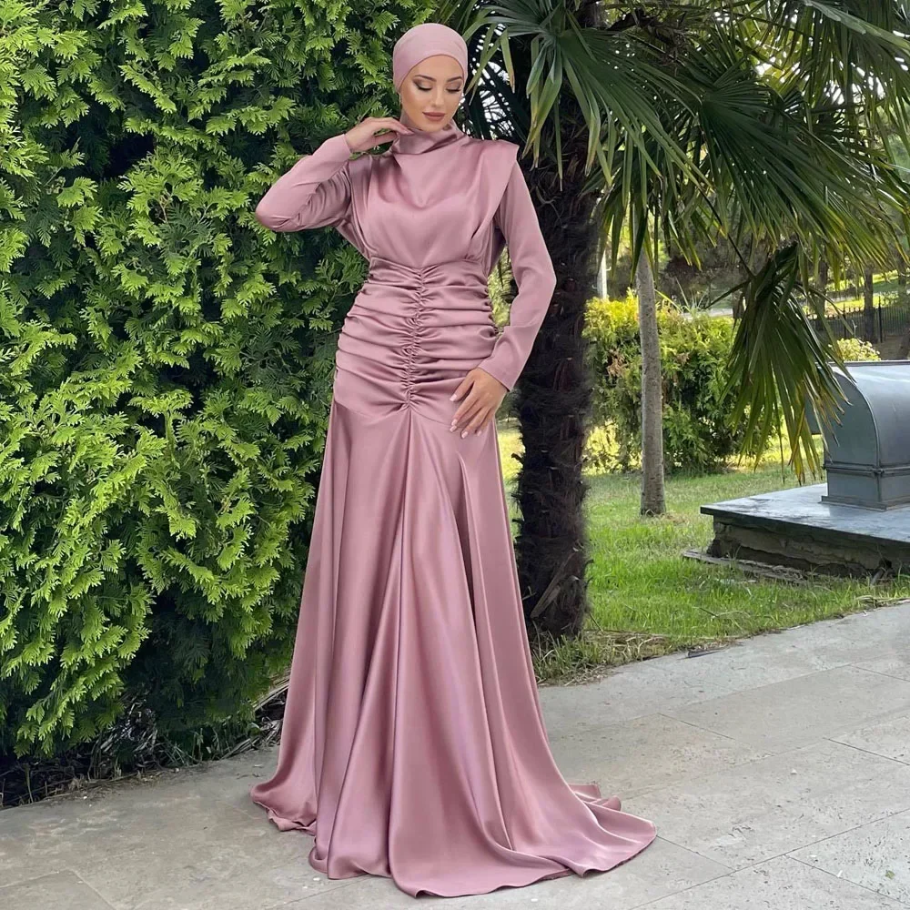 

Satin Muslim Womens Dress Fashion Pleat Slim High Waist Long Dress Dubai Abaya Turkey Islam Clothing Evening Party Clothes Robe