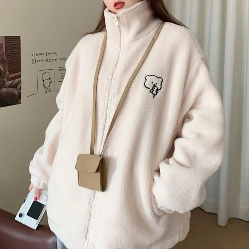 Sudadera con capucha de terciopelo de cordero holgada para mujer, cárdigan de felpa con cremallera y cuello levantado, chaqueta gruesa de invierno, prendas de vestir exteriores de estilo coreano