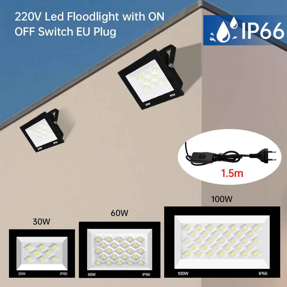 100W 60W 30W LED Floodlight 220V 6500K LED Flood Light IP66 Waterproof Outdoor Lighting Spotlight with Switch EU/AU/UK Plug