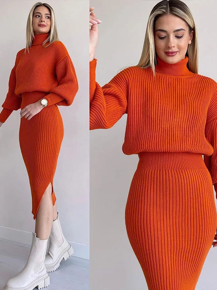 2023 New Style Solid Elegant Knitted Dress 2 Pieces Set Long Sleeve Cropped Sweater And Slit Dress Suits Lady Sexy Soft Pullover