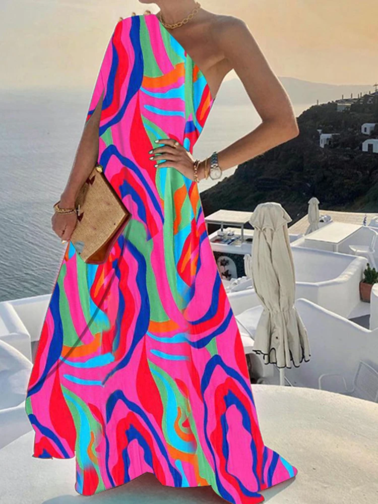 Women Sexy Off Shoulder Boho Long Dress Elegant One Shoulder Loose Party Dress 2022 Summer Fashion Button Solid Beach Maxi Dress