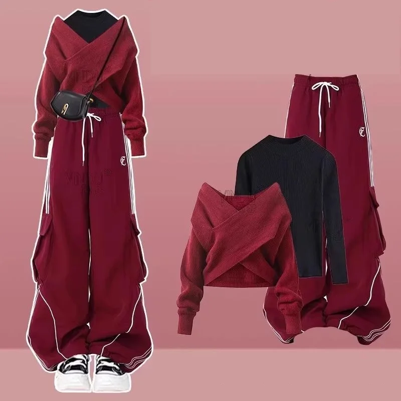 Women 2026 Autumn/Winter New Fashion Cross Knit Sweater+Base Shirt+Casual Cargo Pants Matching Set Korean Elegant Tracksuit Suit