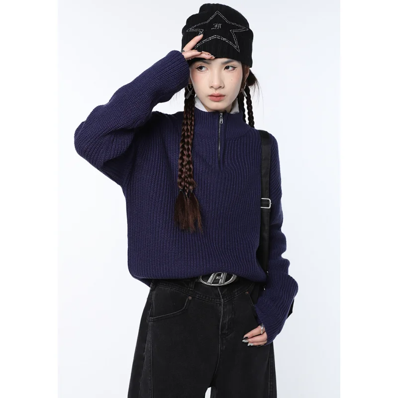 Women Navy Blue Sweater Fashion Vintage Leisure Lazy Wind Loose Winter Female Thicken Warm Long Sleeve Knitting Pullover