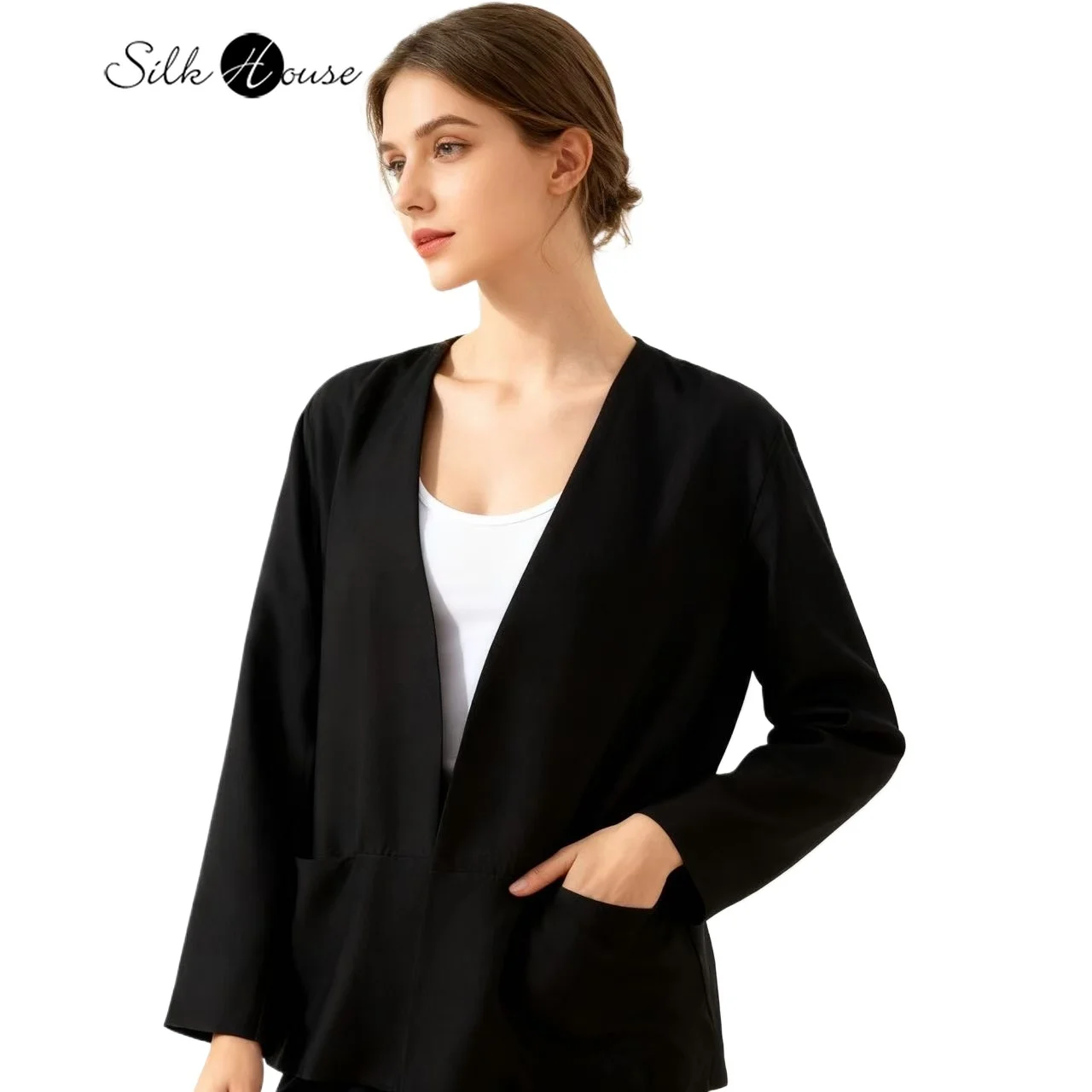 

Женская модная осенняя одежда из натурального шелка шелковицы, универсальный темпераментный повседневный карманный дизайн, пиджак