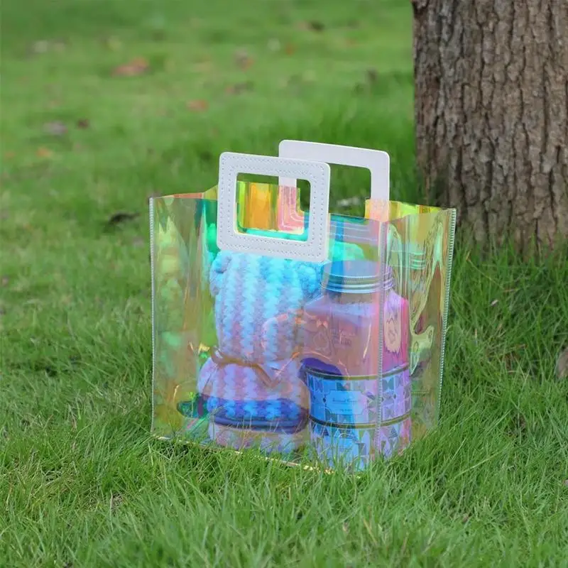 Creative Transparent Tote Bag Holographic Rainbow Color Shopping Bag Reusable Large Capacity Shopping Beach Bag Organizer Pouch