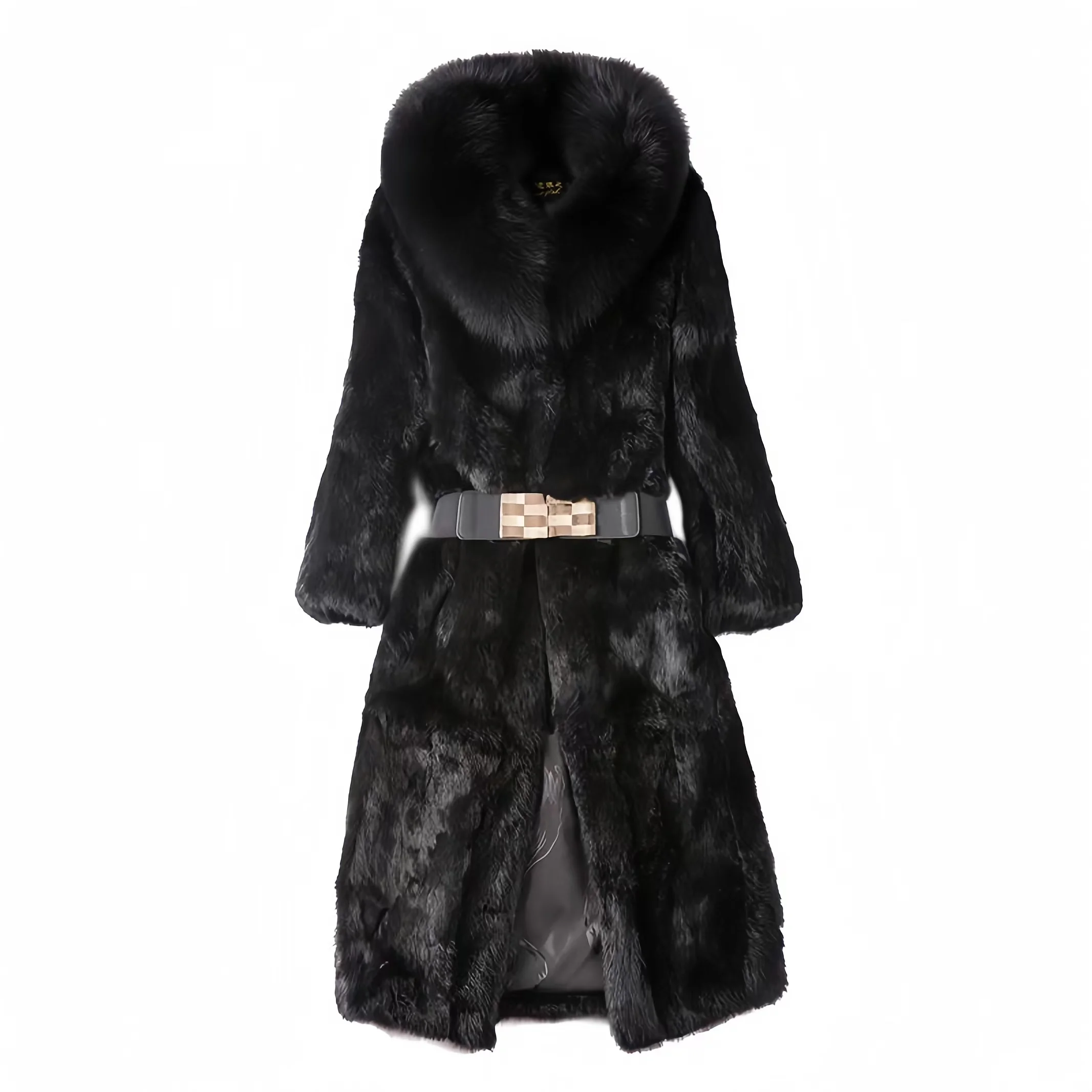 Real genuine natural full pelt rabbit fur coat with fox fur collar women fashion jacket custom any size 2024