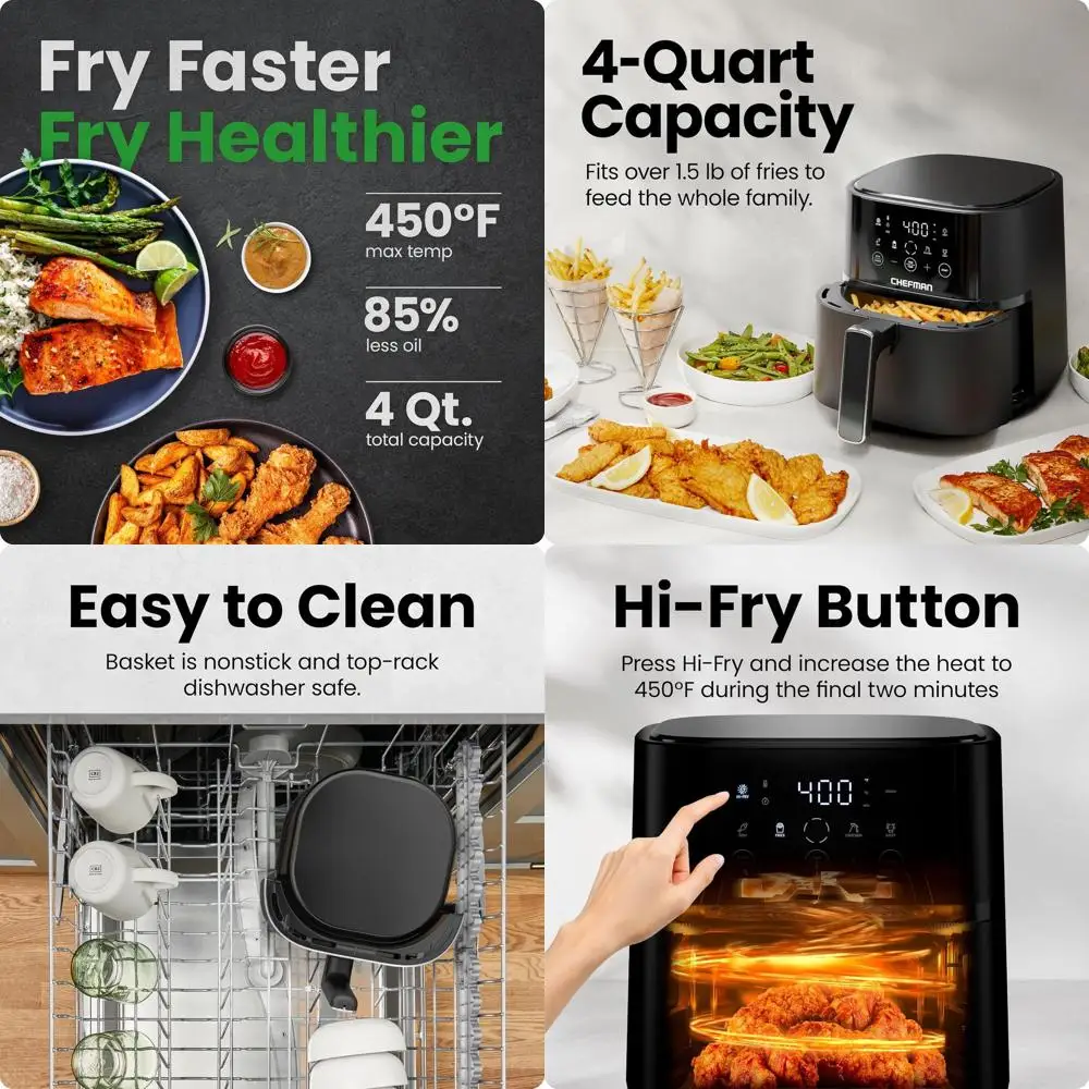 

Compact 4-Quart Air Fryer with Hi-Fry Technology, Touchscreen Controls, and Dishwasher Safe Basket for Crispy Meals