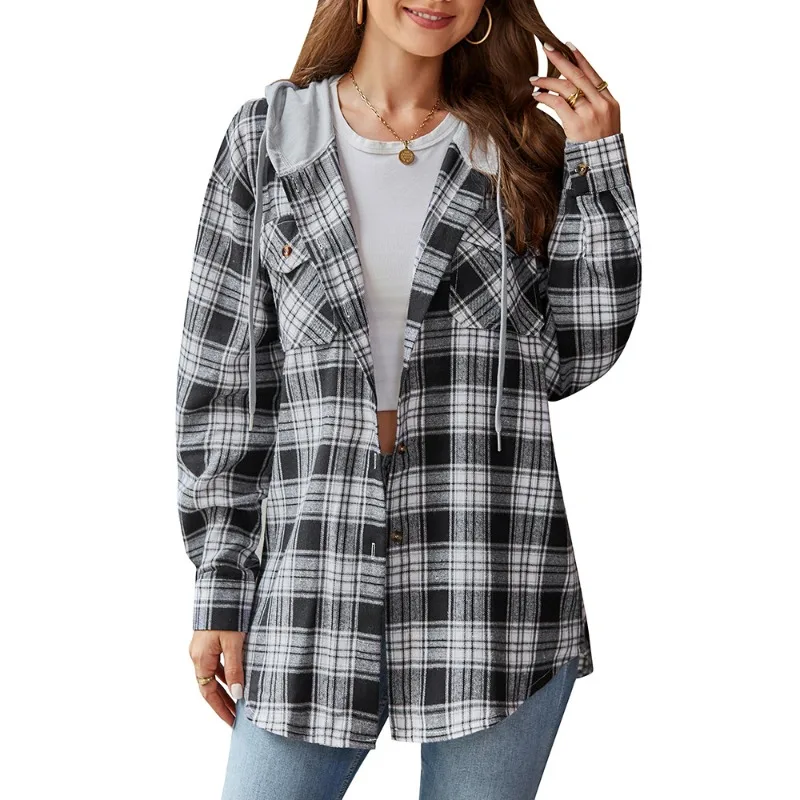 Autumn and Winter Women\'s Cardigan Hooded Collar Long Sleeve Plaid Button Pocket Lace Up Stripe Loose Fashion Casual Shirt Tops