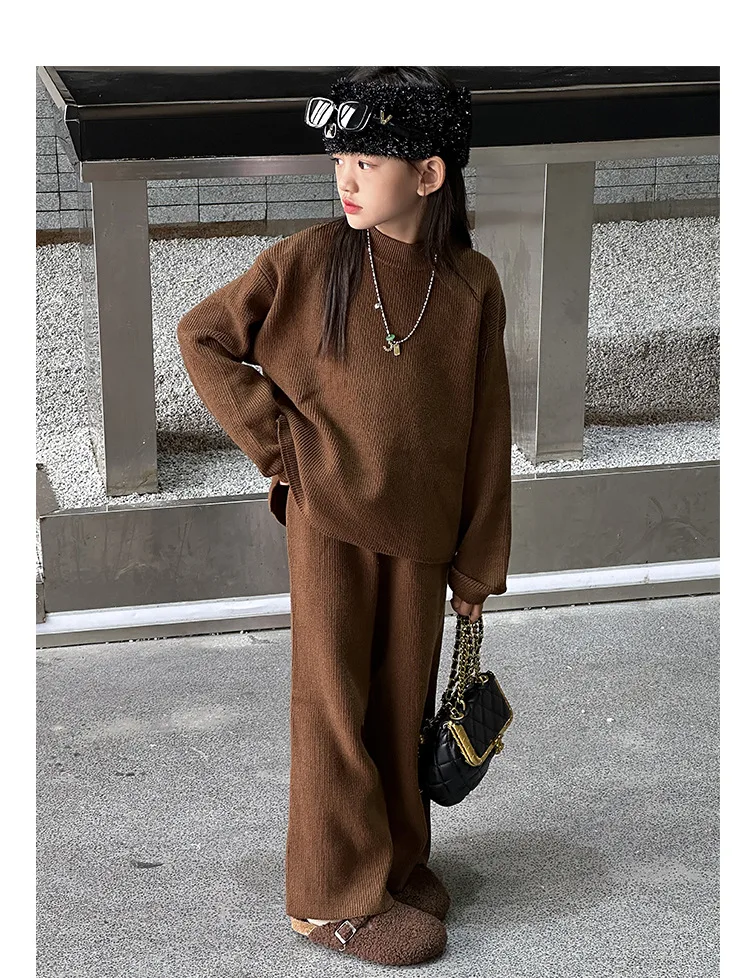Girl Knitted Clothes Set Outfit Teenager Sweaters Wide Leg Pants Two Pieces Children kids Brown Suits 8 10 12 14 ensemble fille
