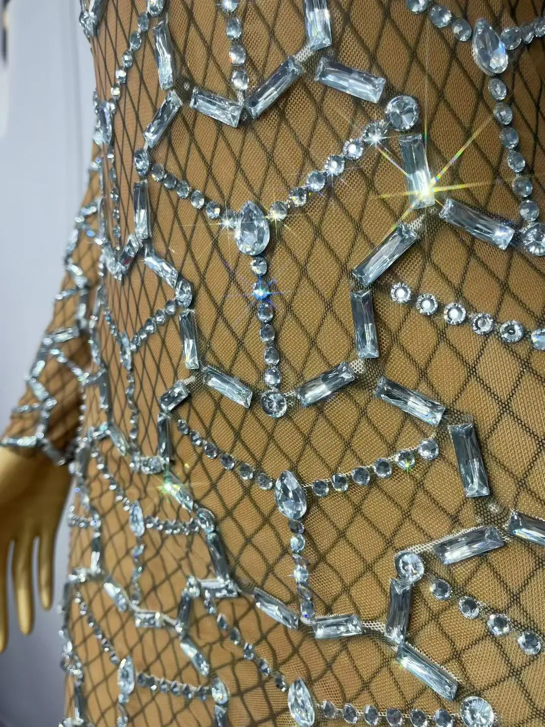 Heiwangzhu Neues Langarm-Abendkleid, glänzendes Silber, Diamantgitter, Ballkleider, Hochzeit, Bankett, Geburtstag, Cocktailparty-Kleid