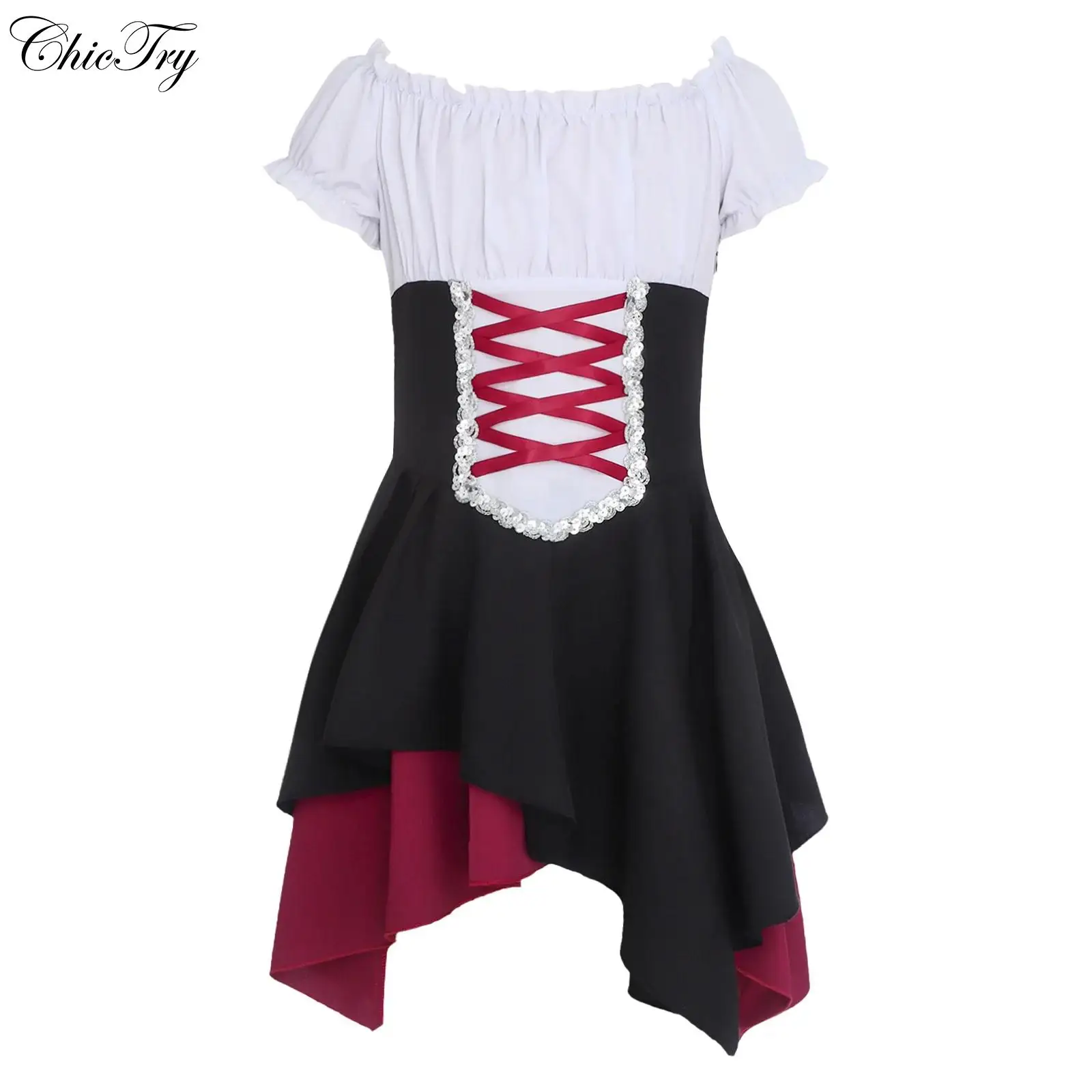 

Платье для девочек в стиле средневековой эпохи Возрождения, костюм для Хэллоуина, с короткими рукавами, лентами, молнией, оборками, для балета и танцев