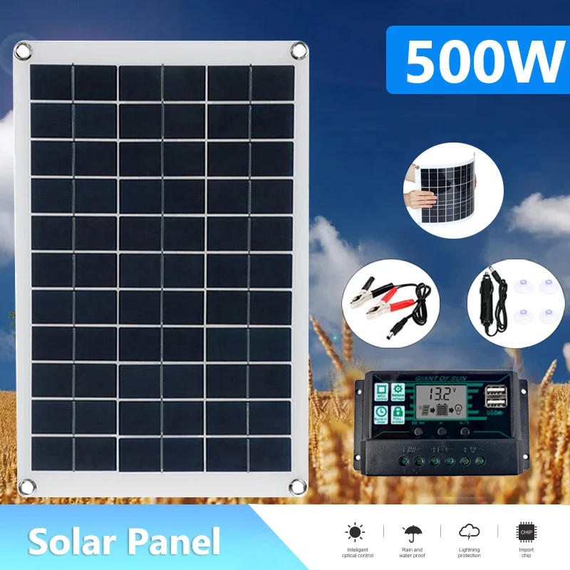 

500W Solar Panel 12V Battery Charger Dual USB With 10A-150A Controller Solar Cells Power Bank for Phone RV Car Camping Hiking