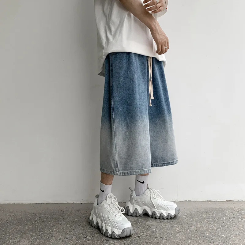 التدرج السراويل الرجال فضفاضة Ins تنوعا عالية الشارع زوجين واسعة الساق السراويل غير رسمية الصيف منتصف السراويل