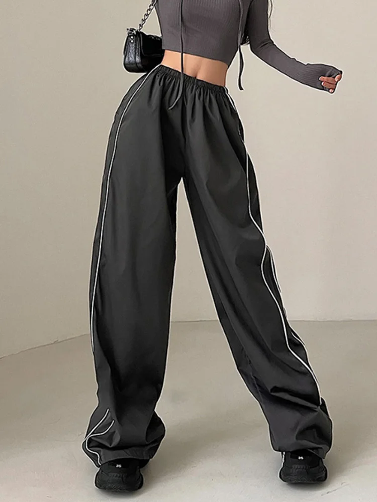 Weekeep-Pantalon de survêtement noir baggy pour femme, pantalon basique taille basse, bande latérale, patchwork, jogging, streetwear, capris