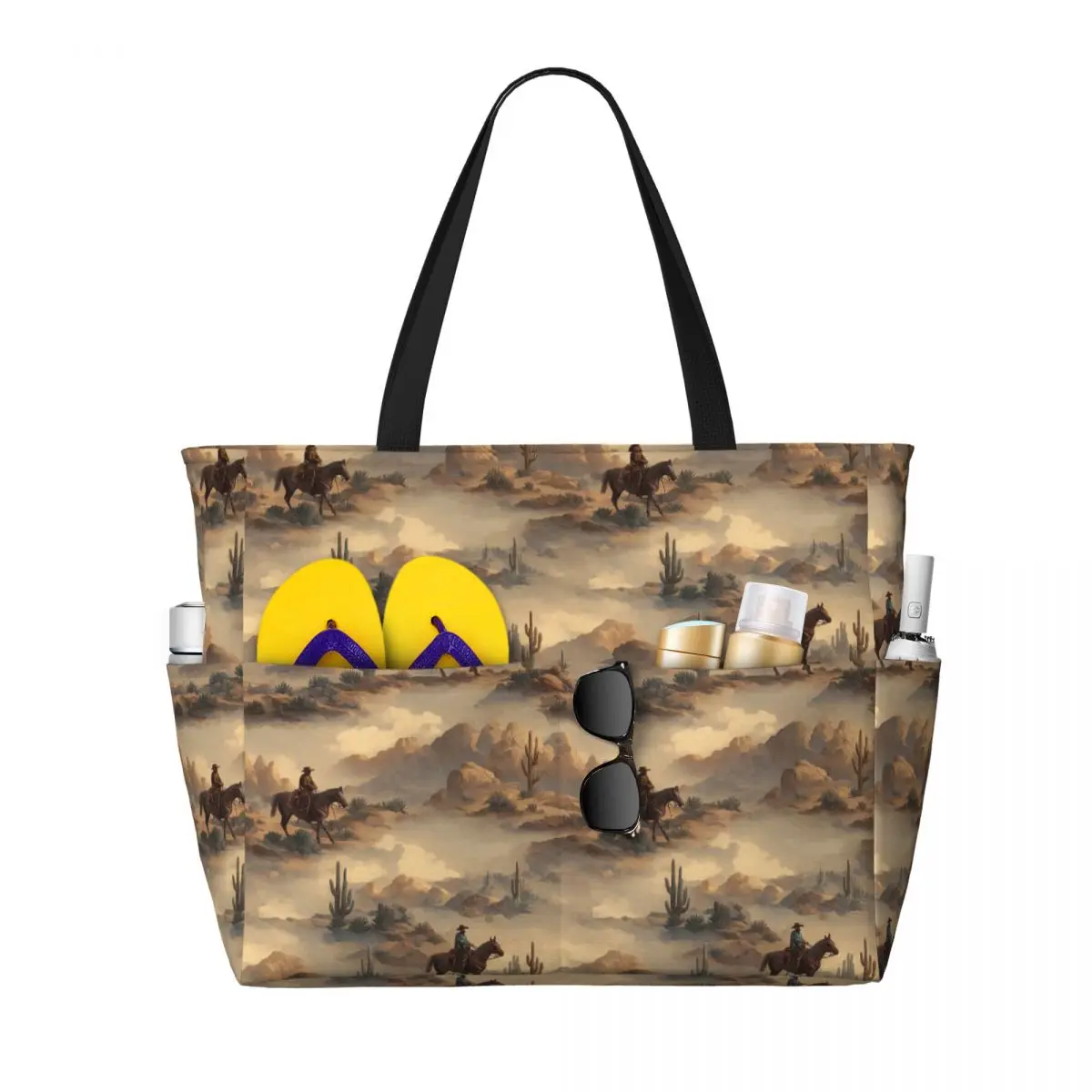 Cowboy In Desert Western Landscape Pattern Beach Tote Bag Sport Gym Yoga Duffle Large Tote Bag Women Travel Bag Fitness bag