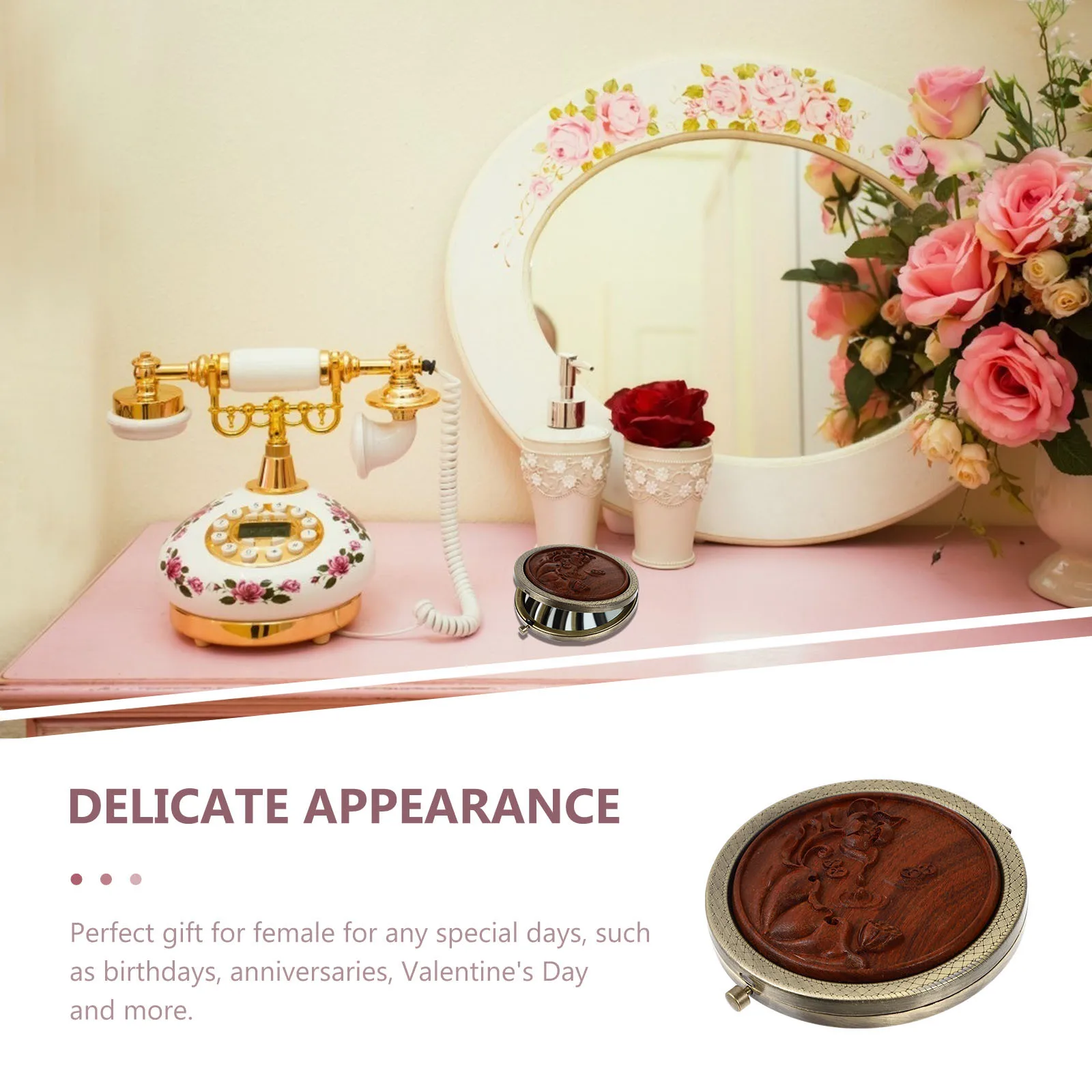 

Compact Makeup Mirror Folding Portable Round Wooden Vintage Small Lightweight Women Daily Use Travel Essential Accessory