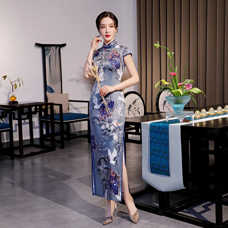 

Women Mandarin Collar Spring Summer New Qipao Print Lady Chinese Traditional Party Dress Female Long Fork Short Sleeve Cheongsam