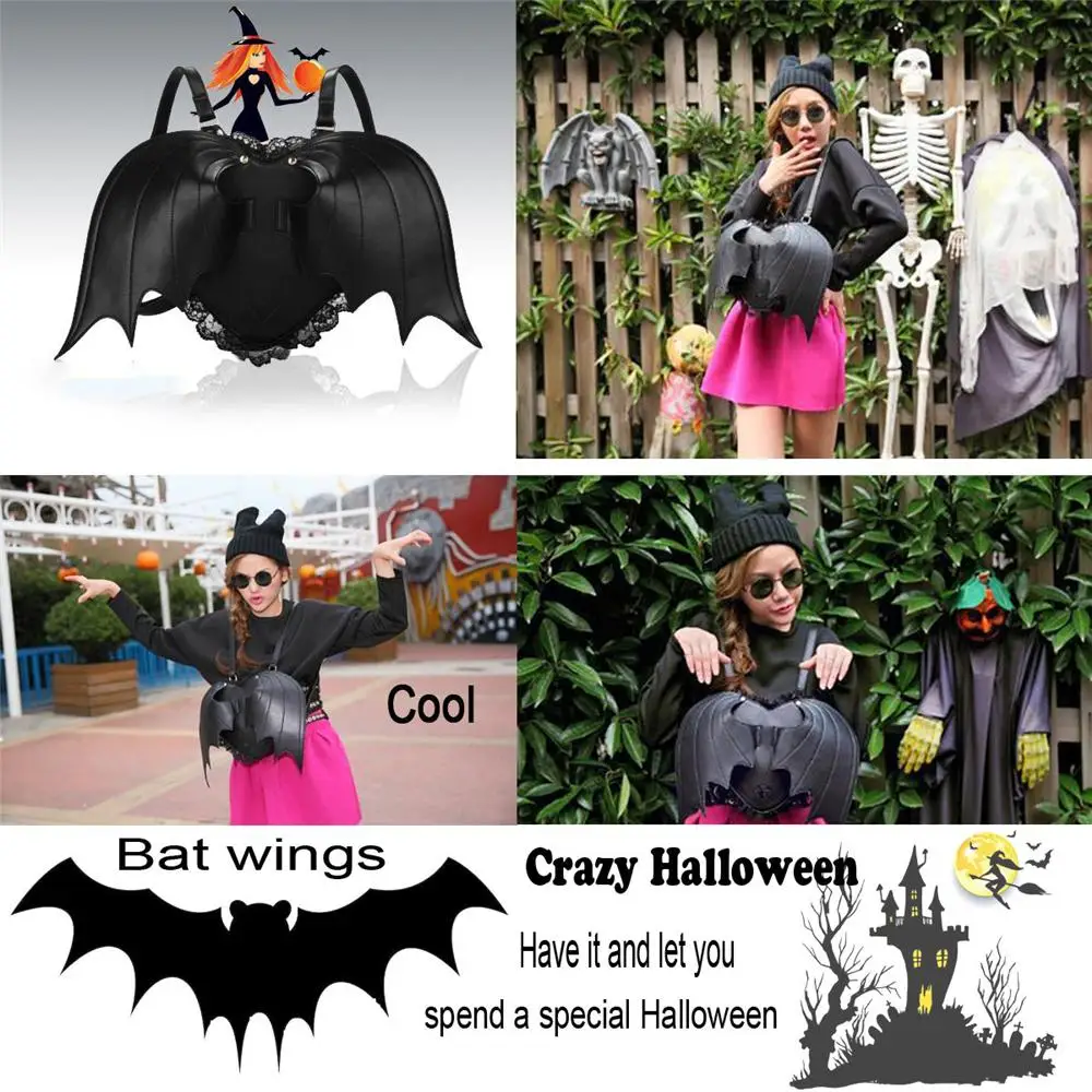 Halloween Bat Wings Backpack Adjustable Shoulder Strap PU Leather Black Angel Daypack Black Women Heart Lolita Bag for Women