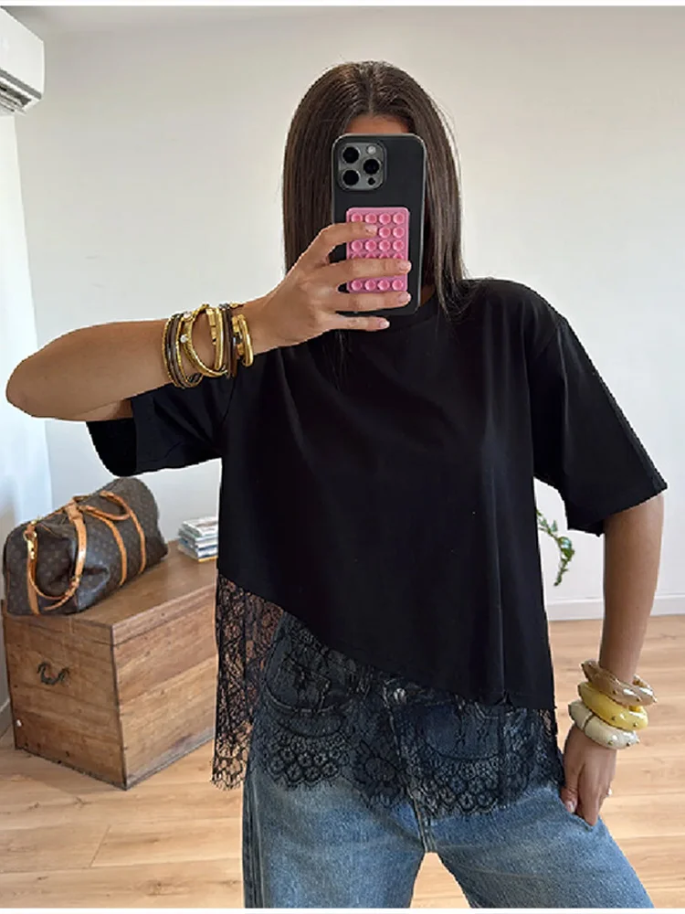 

Новый женский комплект: повседневный топ с кружевным подолом, брюки в горошек и полоску, модная футболка оверсайз, широкие брюки на шнурке, уличная одежда для женщин