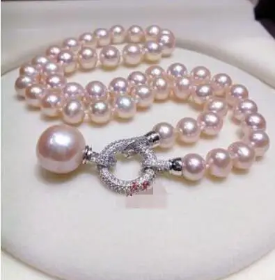 

9-10MM 100% genuine freshwater White Purple pink pearl necklace 14MM Pendant 925 silver clasp 18inch