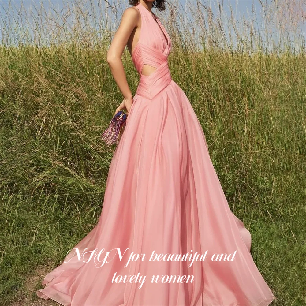 

NFYN Pink Organza Prom Dresses Halter Neck Sexy Open Back Evening Dress Cut Out Party Dress A Line vestidos de fiesta Customized