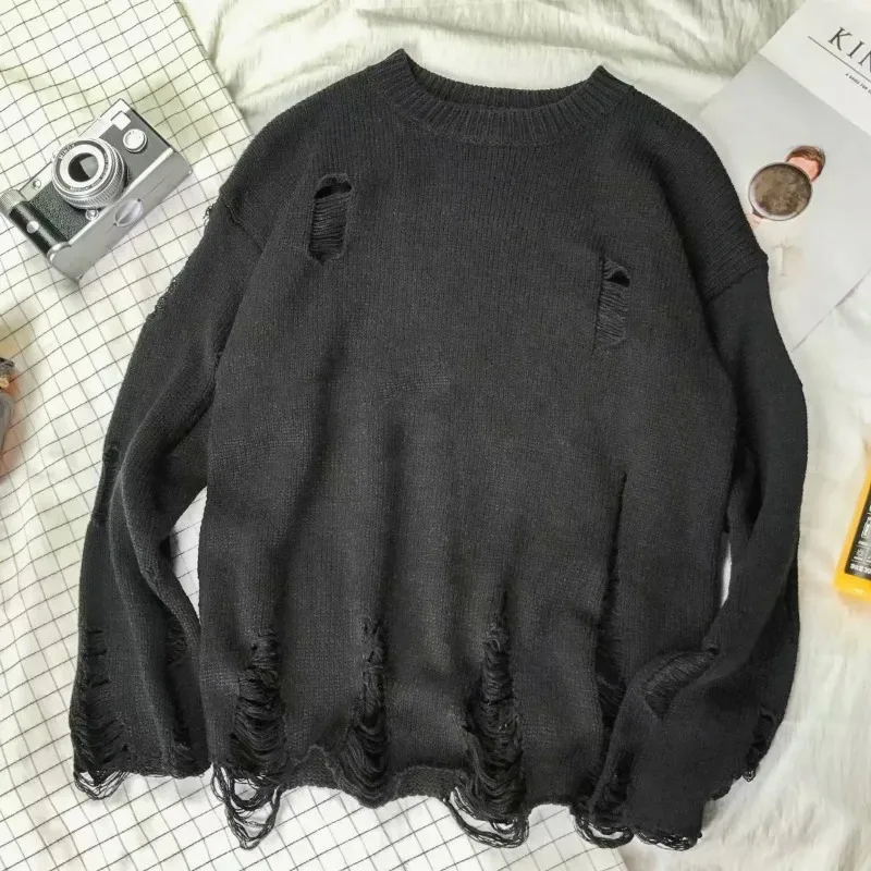 Men Women Streetwear Hip Hop Pullovers Sweater Fashion Oversized Hollow Out Thin Tops Y2k Korean Hole Ripped Knit Kpop Sweaters