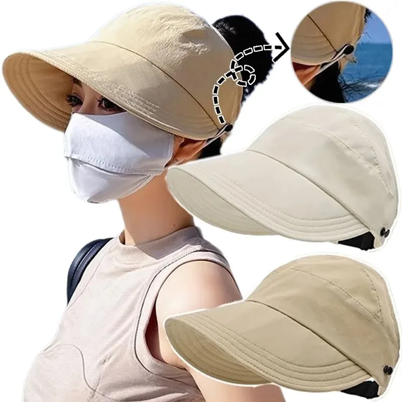 Summer Wide Brim Sunhat Women Sun Hats Foldable Adjustable Outdoor Beach Bucket Hat UV Protection Visors Fisherman Ponytail Caps