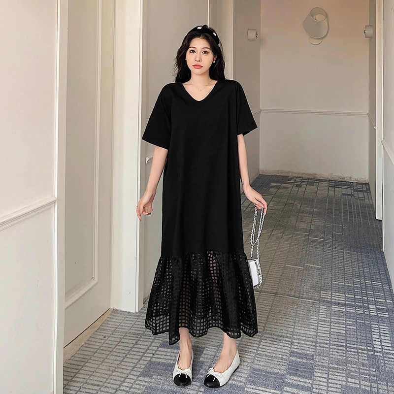 

Holiday Dress 2024 Summer Loose Plus Size Patchwork Plaid Black Dress Casual Trumpet Lady Vestidos Short Sleeve Robe KE6061