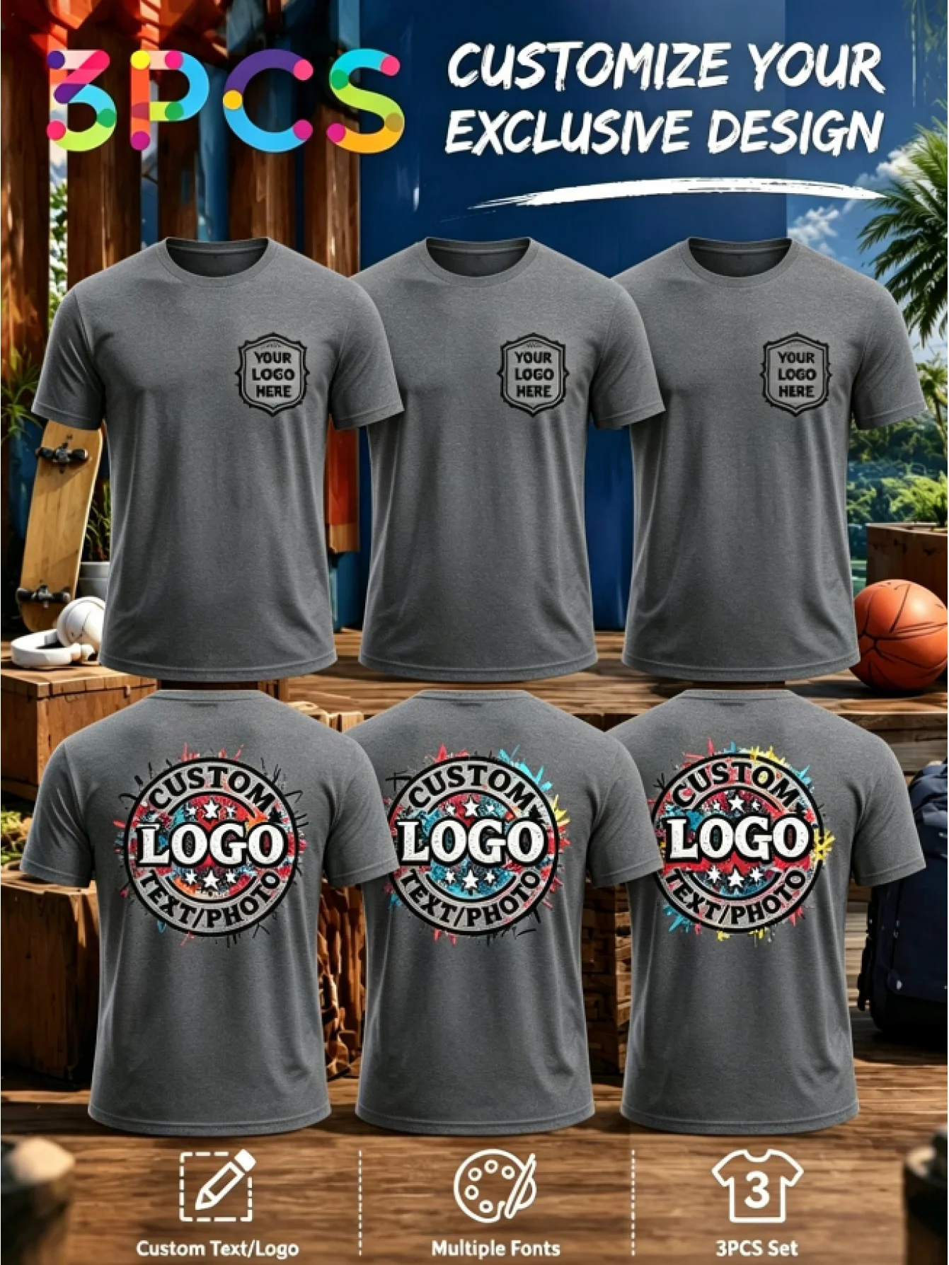 Custom 3pcs Men's Short-Sleeve T-Shirt Set with Self-Defined Logo Print on Chest/Back. Ideal as a Men's Gift