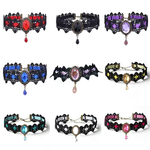 여성용 보헤미안 레이스 목걸이, 레드, 블루, 블랙, 고딕 펑크 대비 색상, 초커 체인 쥬얼리, 친구 선물, 10 가지 스타일