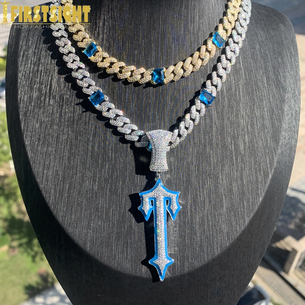 

Iced Out Bling Cross Sword Pendant Necklace Gold Color CZ Cubic Zirconia Swords 9MM Cuban Chain Men Women Hip Hop Jewelry