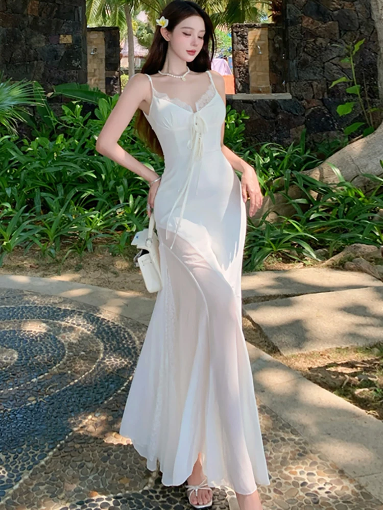 Women Korean Elegant Casual Holiday Dress Summer White Chic Bow Lace Sqaure Collar Sling Dress 2025 New Fashion Bodycon Dresses