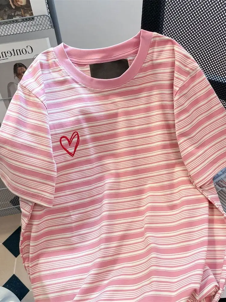 Sweet Pink Heart Embroidery Striped Short Sleeve T-Shirt Casual Style plus Size 300 Pounds Summer Design Sensation Color Bloc...