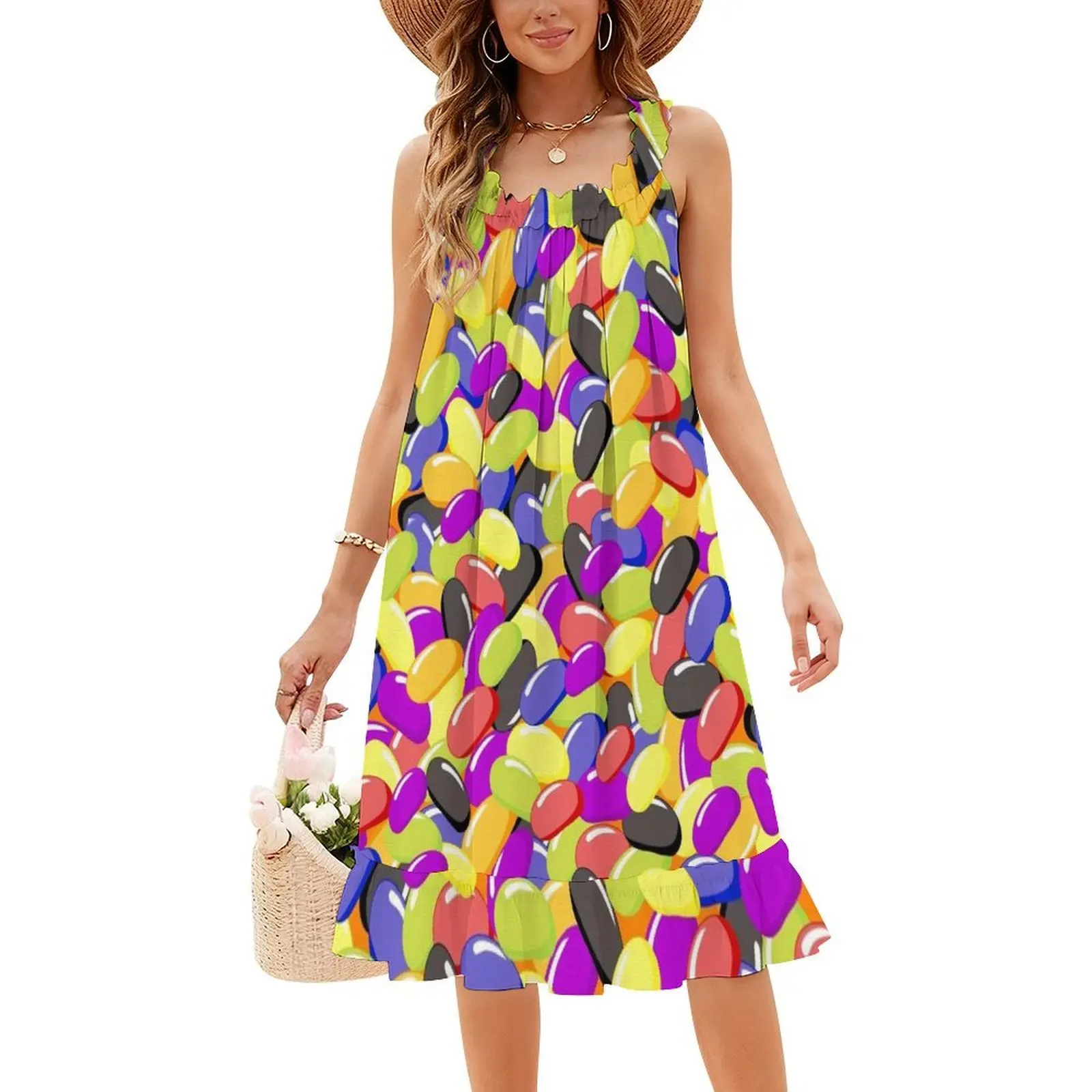 فستان جيلي بينز رينبو كاندي بوهيمي بدون أكمام للنساء مطبوع عليه فساتين حفلات الشاطئ كاندي رينبو جيلي بينز لطيف حلو