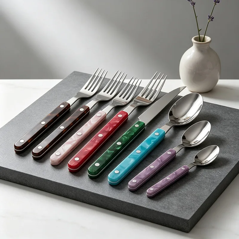 304 Stainless Steel Rivet Clamp Handle Knife Fork Spoon Cutlery Set Acrylic Handle Knife Fork French Steak Knife Fork
