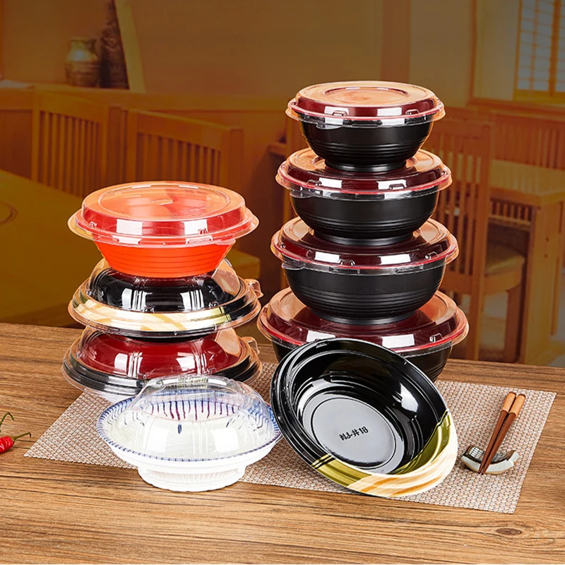 Sushi Packing Bowl, Round, Lunch Box, Cold Noodles Take-out Plastic Box with Lid, Food Grade, Pasta, Seafood, Janpanese Style