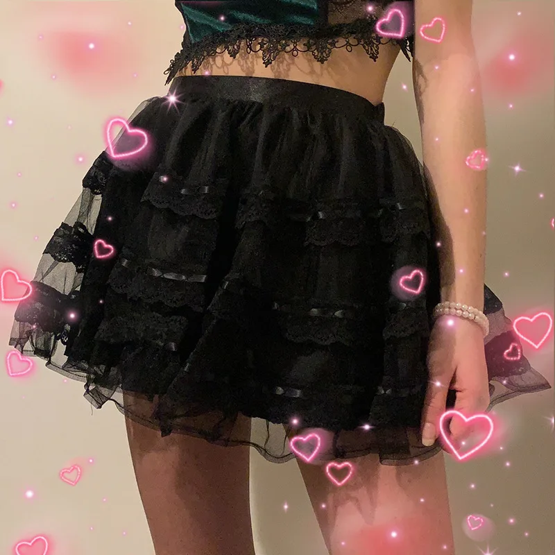 

Gothic Mesh A-line Skirt Summer Women Sexy Solid Colors High Waist Goth Punk Mini Skirts 2024 New Fashion Cool Girl Streetwear