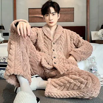 Warme Pyjama-Sets für Herren, Herbst und Winter, dickes 2-teiliges Set, Flanell-Nachtwäsche, lose Langarm, solide Homewear, Heimkleidungssets