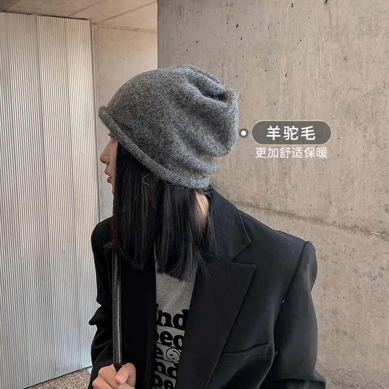 Y2k Camel Wool Gray Hat Versatile For Autumn Winter Black Knitted Hat Ins Stacking Fashion Neutral Cold Hats Trendy Accessory