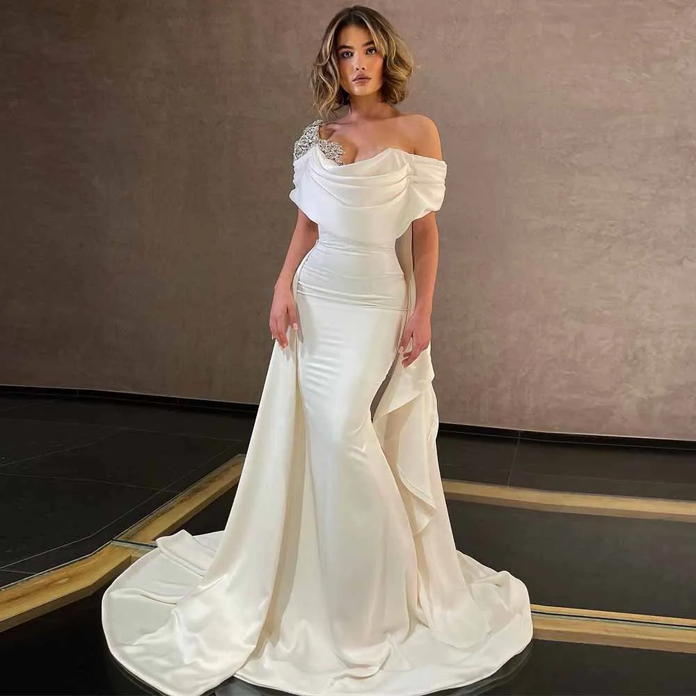 Luxury Women's Dresses Trend 2025 Satin Mermaid Wedding Party Dresses Ivory Off-the-shoulder Rhinestones Draped Wedding Dresses