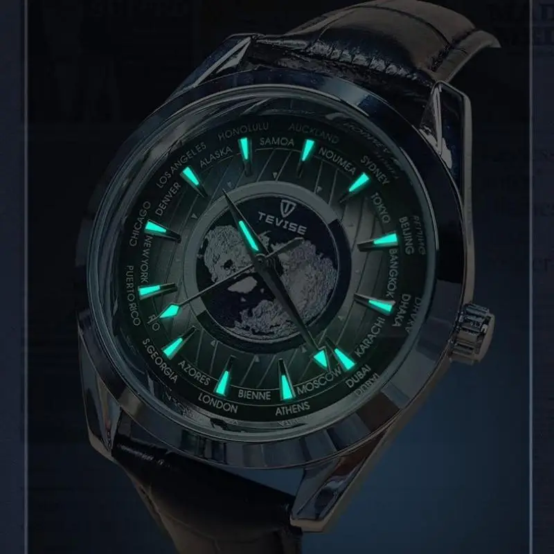 TEVISE Men Luxury Automatic Mechanical Watch Stainless Steel Earth Luminous Pointer Waterproof Sports Leather Watch