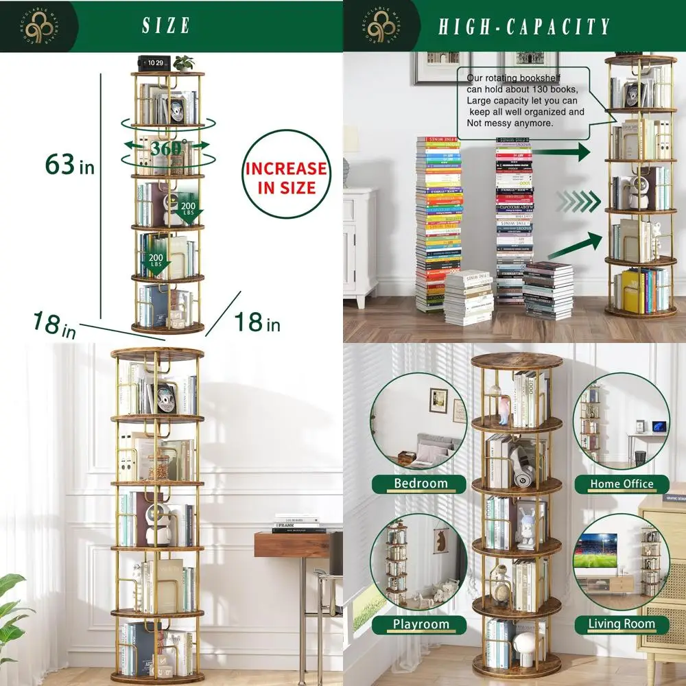 5Tier Rotating Bookshelf, 360 ° Display Stackable Spinning Bookshelf Tower,Round Space Saving Tall Floor Standing Swivel Bookcas